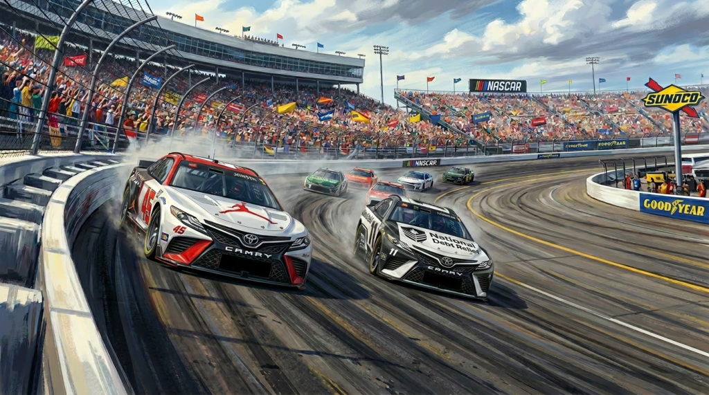 Four NASCAR stock cars racing closely on a curved race track with grandstands full of spectators