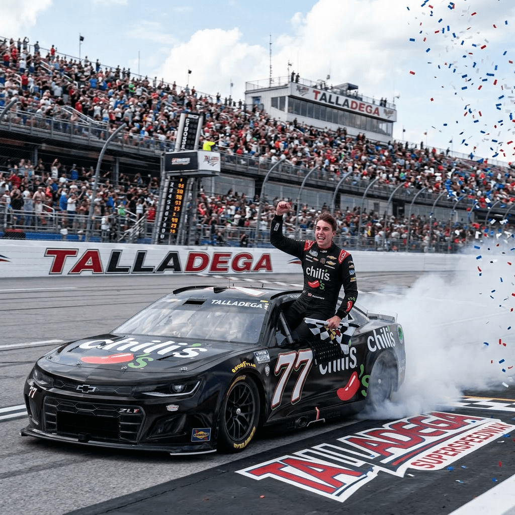 Race car number 42 at Talladega Superspeedway with driver celebrating out of window