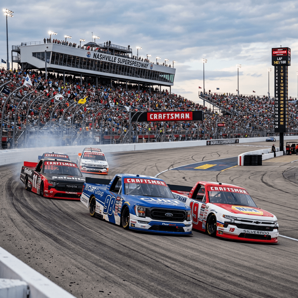 Four NASCAR trucks racing closely at Nashville Superspeedway with a large crowd in the stands and lap board showing race progress