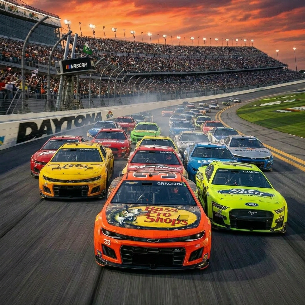 No. 33 Bass Pro Shops NASCAR car leading a pack of race cars on Daytona track at sunset