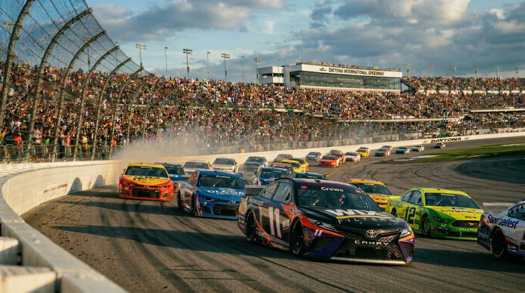 NASCAR stock cars racing around a turn at Daytona International Speedway with large crowd in stands