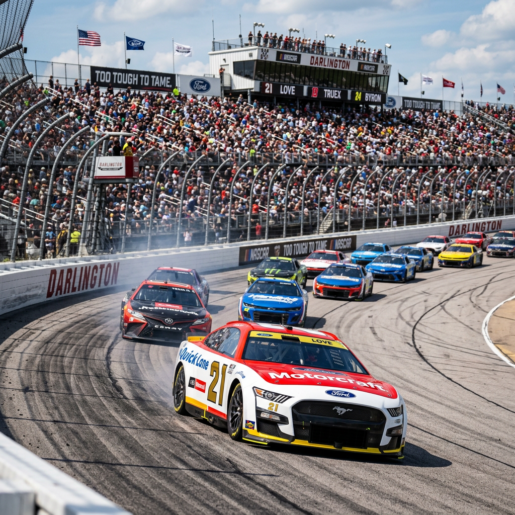 NASCAR race cars racing on the curved track at Darlington Raceway with a crowded grandstand