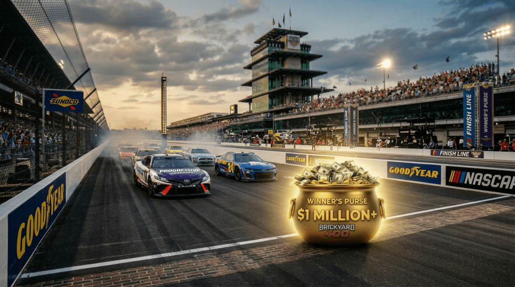 NASCAR stock cars crossing the finish line at the Brickyard 400 track with sparks and smoke