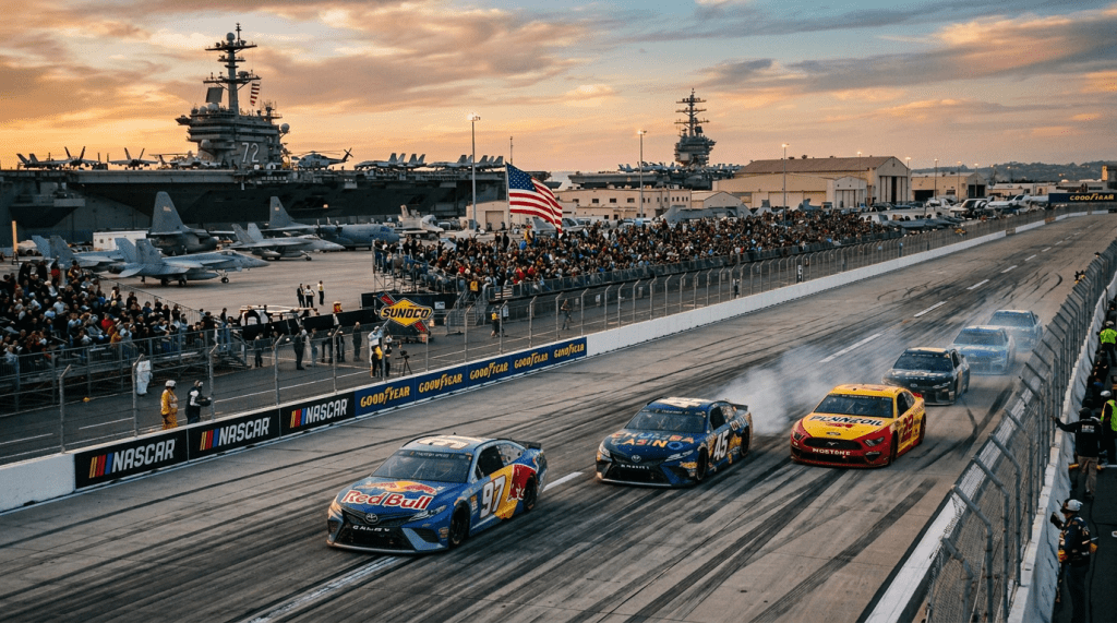 NASCAR race cars speeding on track with aircraft carrier and crowd in background