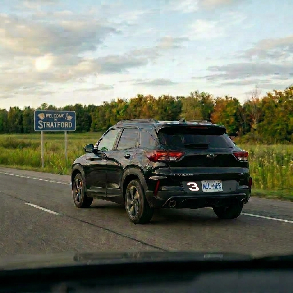 Chevrolet Silverado driving on highway Black Chevrolet Silverado pickup truck driving on a highway with exit signs for Stratford and Kitchener Waterloo