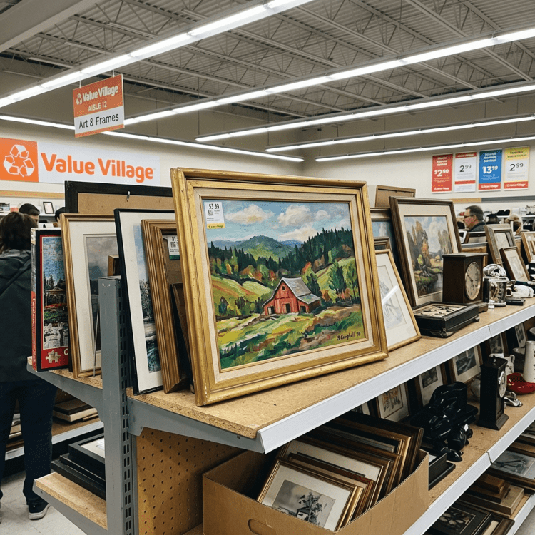 Framed paintings and artworks on shelves in Value Village art and frames section