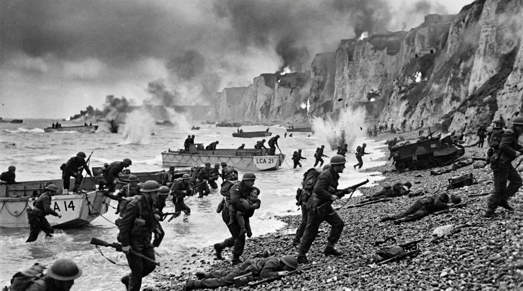 Allied soldiers landing on a rocky beach under fire during the D-Day invasion with explosions and fortified cliffs