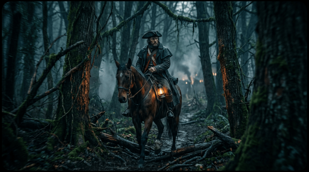 Soldier in 18th-century uniform riding a horse in a foggy forest with a lantern