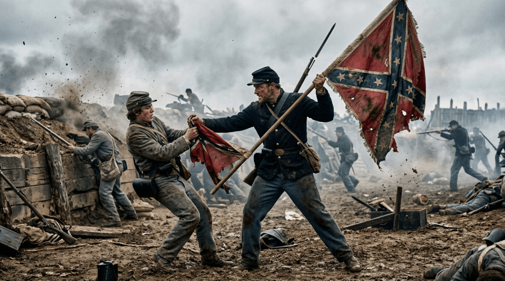 Soldiers fighting over a torn Confederate battle flag in a muddy battlefield trench