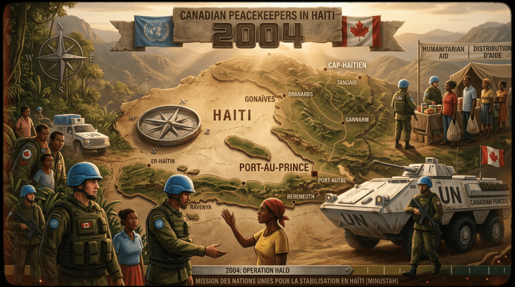 Canadian peacekeepers in uniform interacting with Haitian civilians and providing humanitarian aid in Haiti 2004