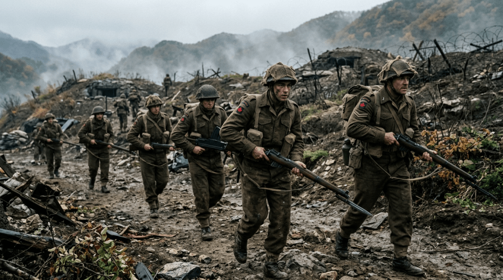 Group of soldiers in WWII-era uniforms carrying rifles and moving through a rocky, muddy battlefield with barbed wire and bunkers