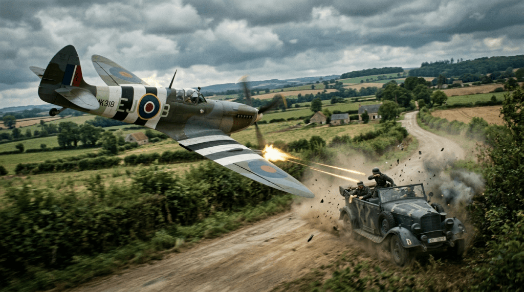 Spitfire plane firing at German military vehicle on dirt road