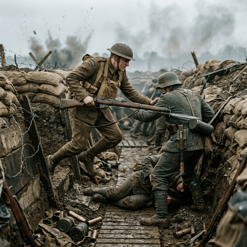 Two soldiers fighting in a muddy trench during a World War I battle