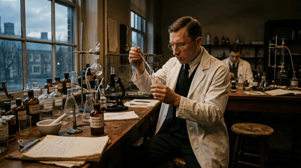 Scientist in 1920s white lab coat working with insulin extract in laboratory