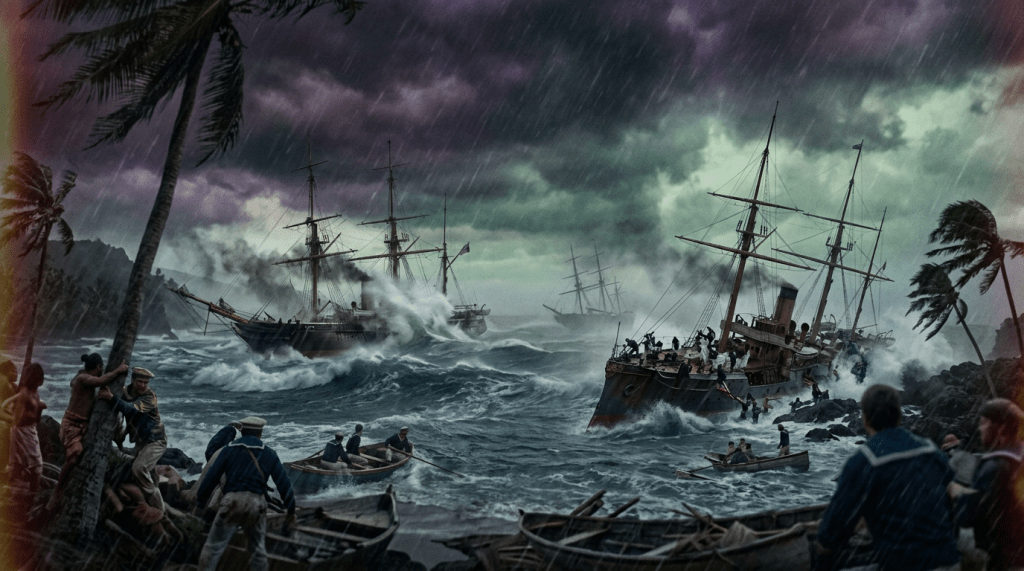 Naval ships caught in stormy seas with sailors escaping in lifeboats near rocky shore