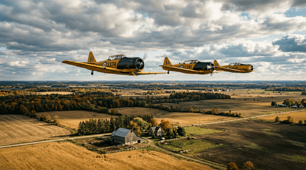 Three yellow vintage planes flying in formation over farmland