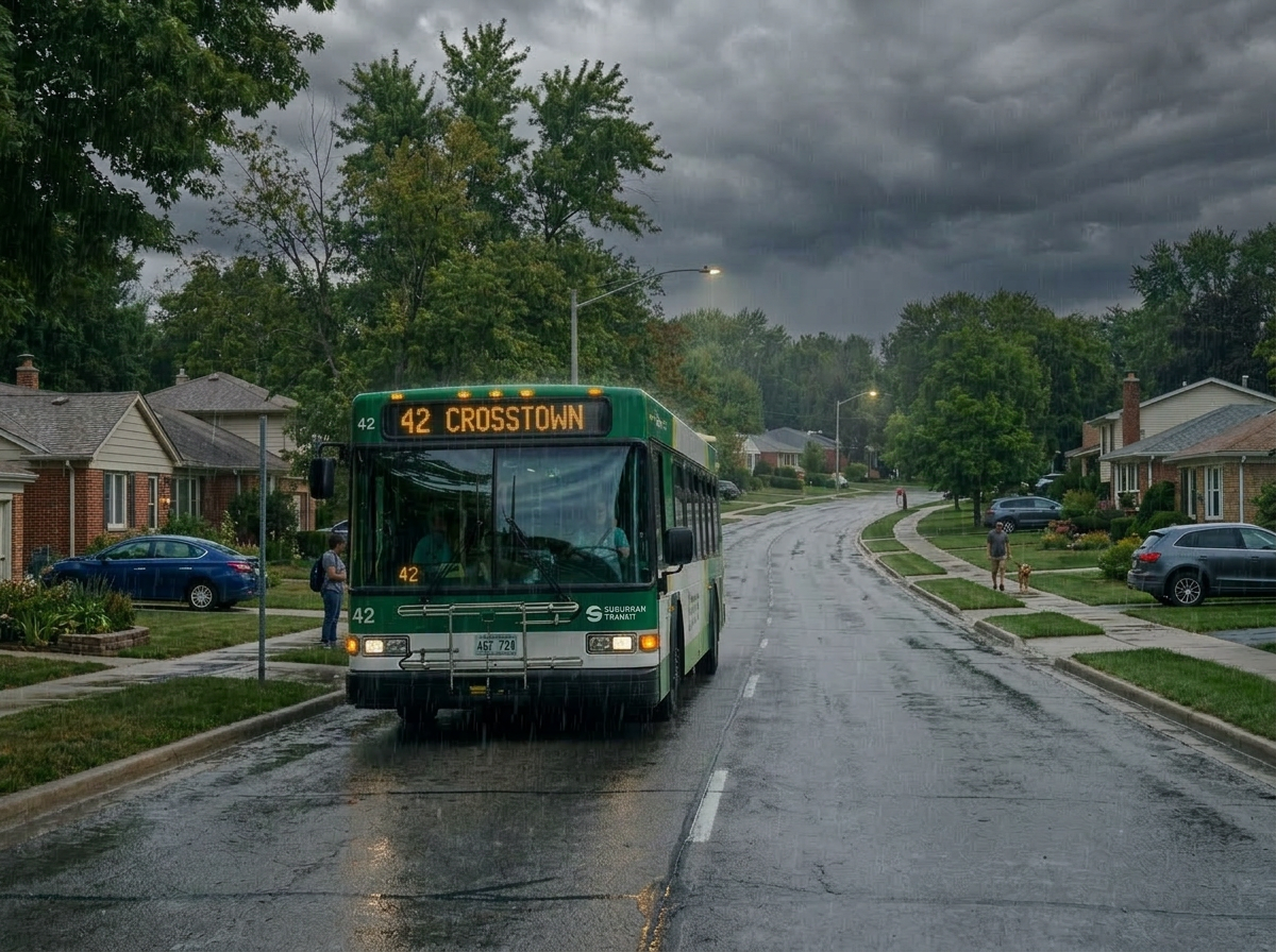 Suburban bus route 14 to downtown Green city bus number 14 heading downtown at a bus stop in a suburban neighborhood