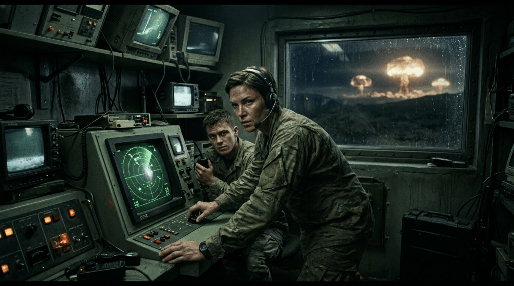 Two soldiers in camouflage uniforms operating radar and communication equipment inside a military control room with nuclear explosions visible through the window
