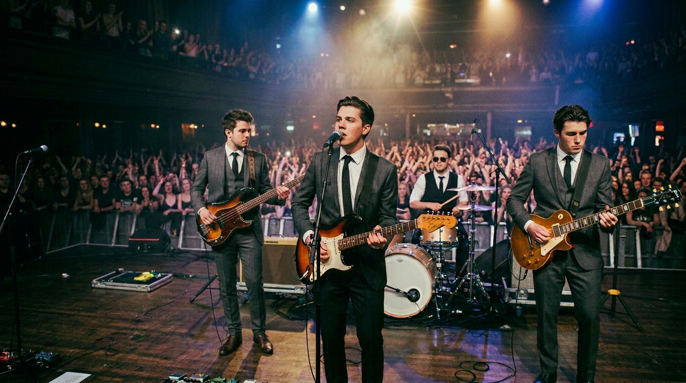 Live band performance in formal attire Four male musicians in suits performing on stage with guitars and microphones