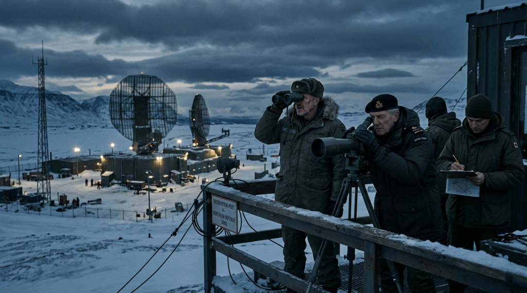 Military personnel using binoculars and a spotting scope at Arctic observation post with radar dishes