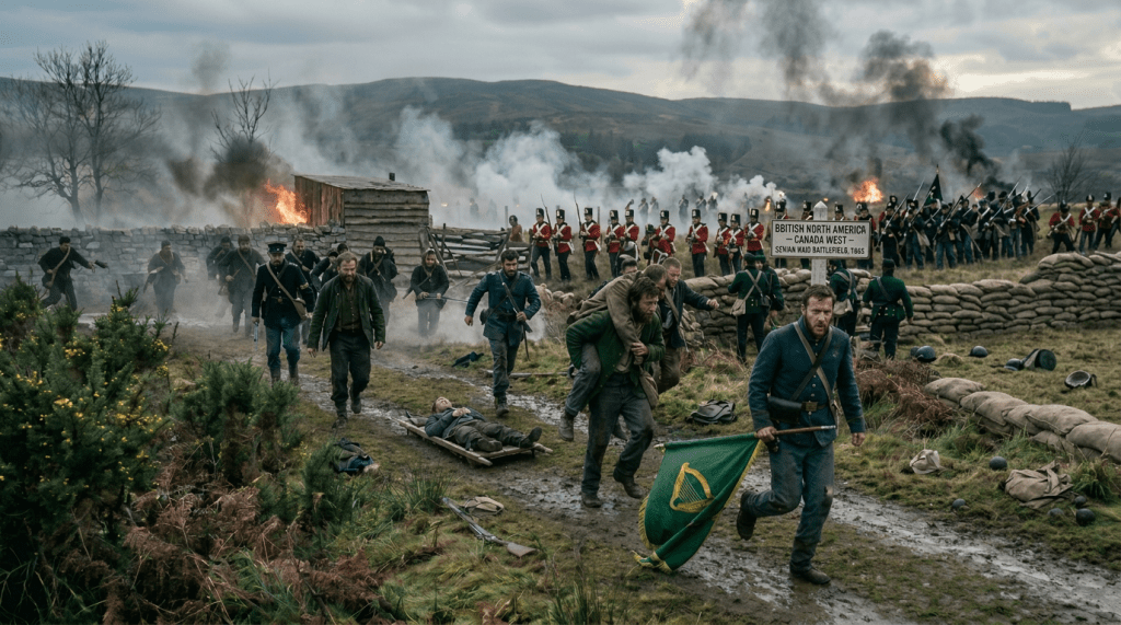 Group of reenactors in 19th-century military attire carrying a wounded soldier on stretchers with smoke and burning fires in the background