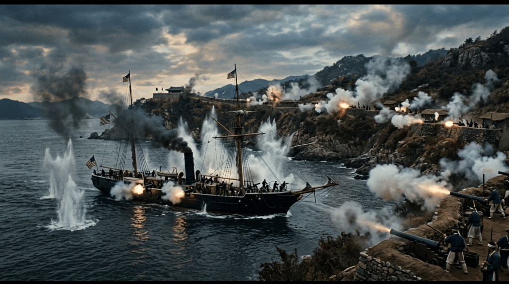 Steam-powered ship firing cannons at coastal fortifications with shore cannons firing back, creating explosions in water and smoke in the air.