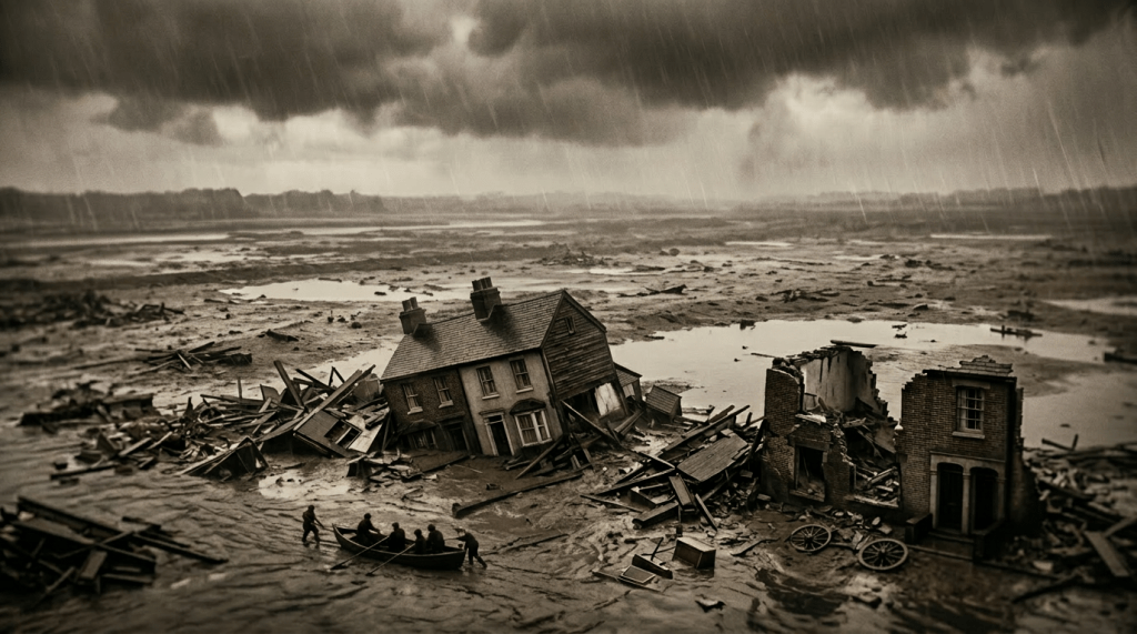 Flooded industrial city with submerged and collapsing houses and people rowing a boat