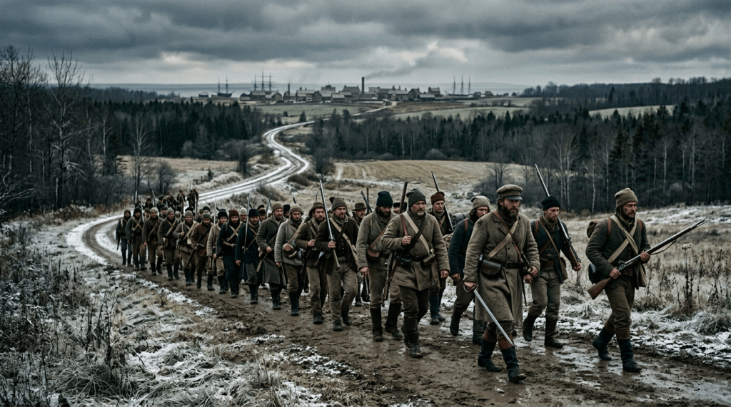 Group of 19th-century armed rebels marching on a dirt road with a flag reading 'REBELLION 1837'