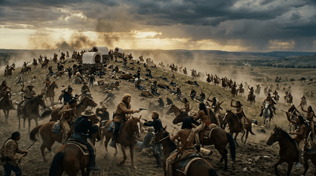 Mounted Native Americans and soldiers fighting near covered wagons on a dusty hill
