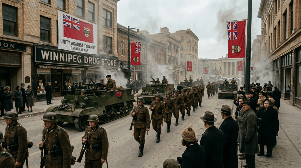 German soldiers and armored vehicles marching down a street in front of Winnipeg Drug Store with people watching.
