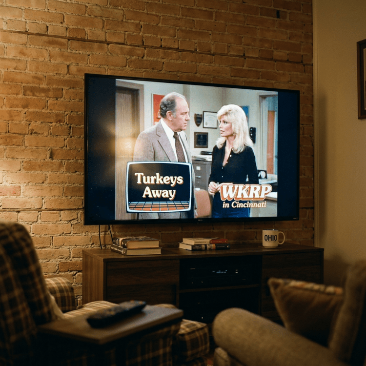 Television screen showing a scene from WKRP in Cincinnati with the episode title 'Turkeys Away'