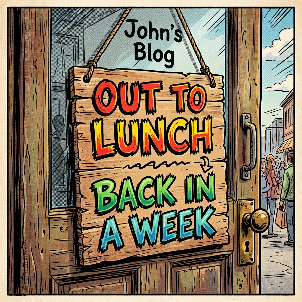 Wooden sign on door reading 'Out to lunch back in a week'