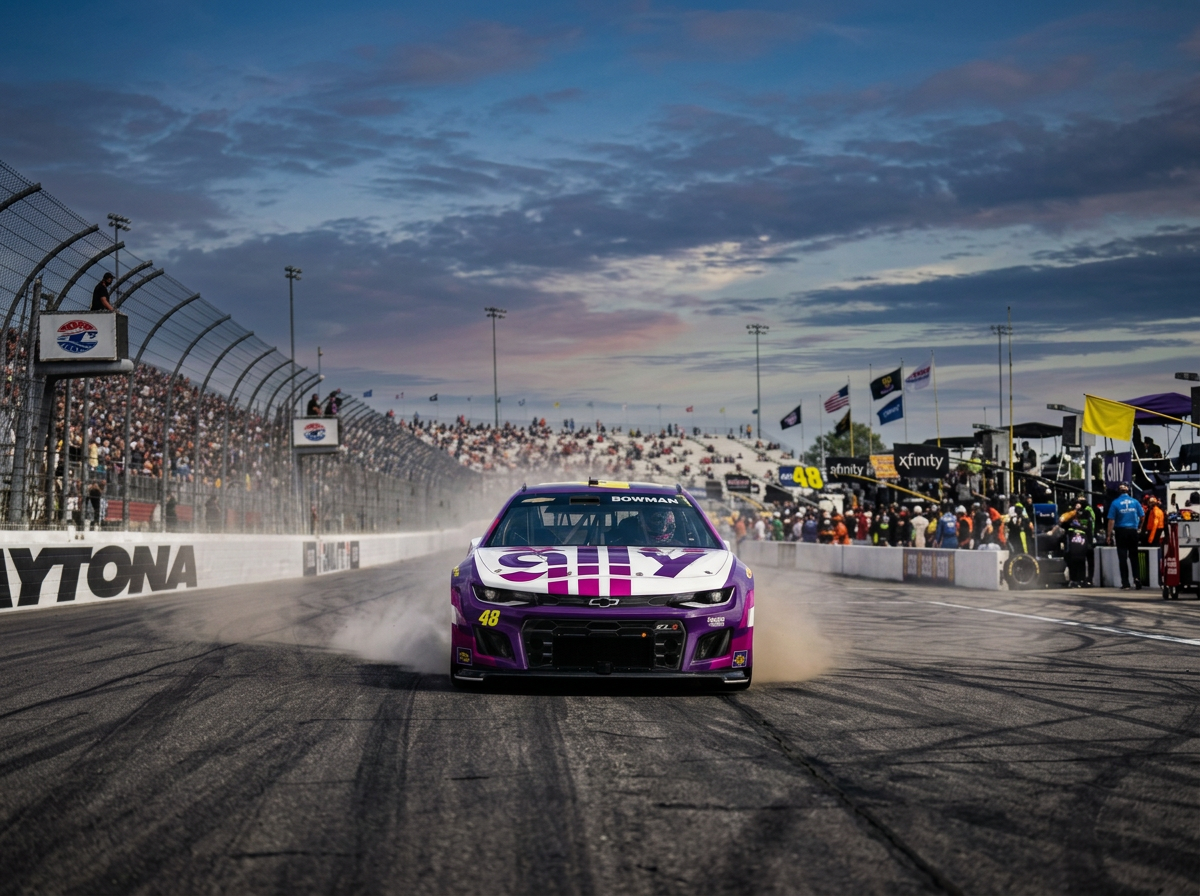 NASCAR race car on track NASCAR No. 48 race car with Ally sponsor on racetrack with crowd in background