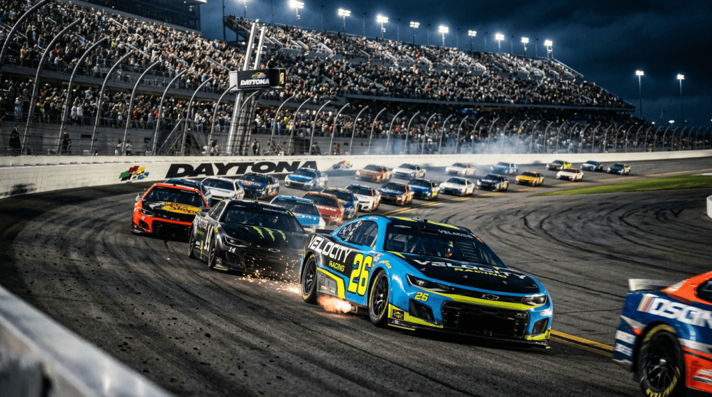 Multiple NASCAR race cars competing on the Daytona track at night with sparks and grandstand full of spectators