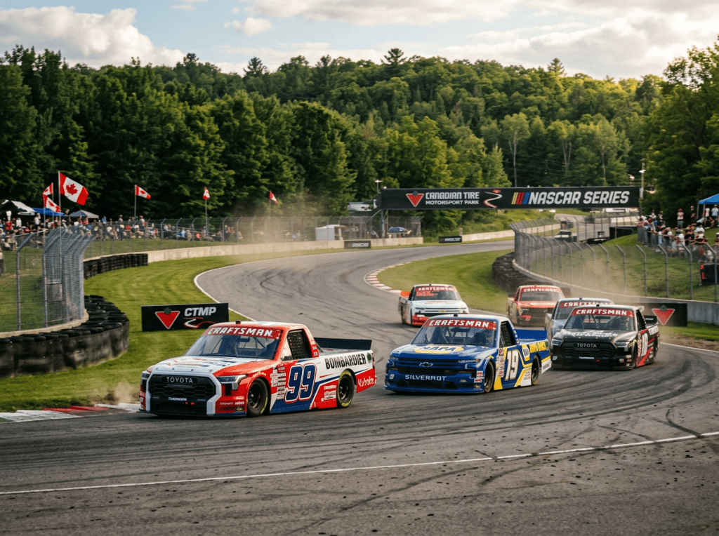 NASCAR Craftsman trucks racing past Canadian flags beneath Canadian Tire and NASCAR Series signs