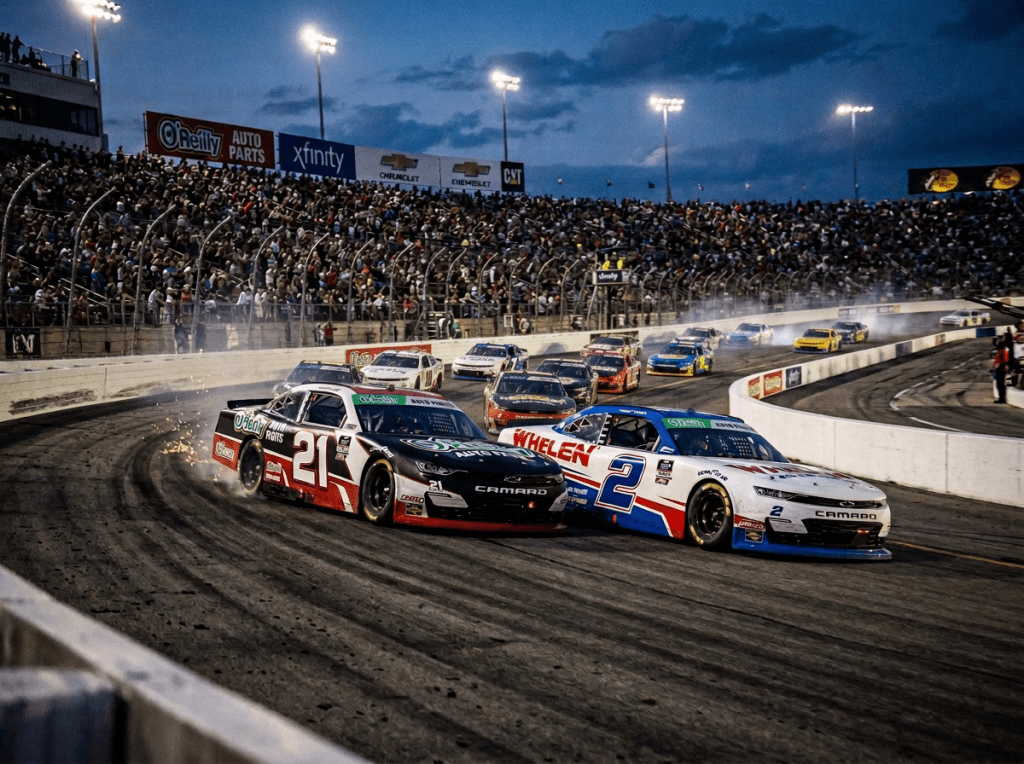 Two stock cars racing side by side at night, with sparks flying