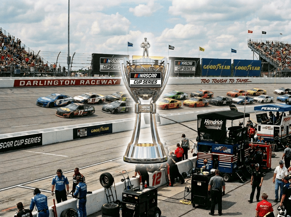 NASCAR Cup Series trophy overlooking race cars at Darlington Raceway