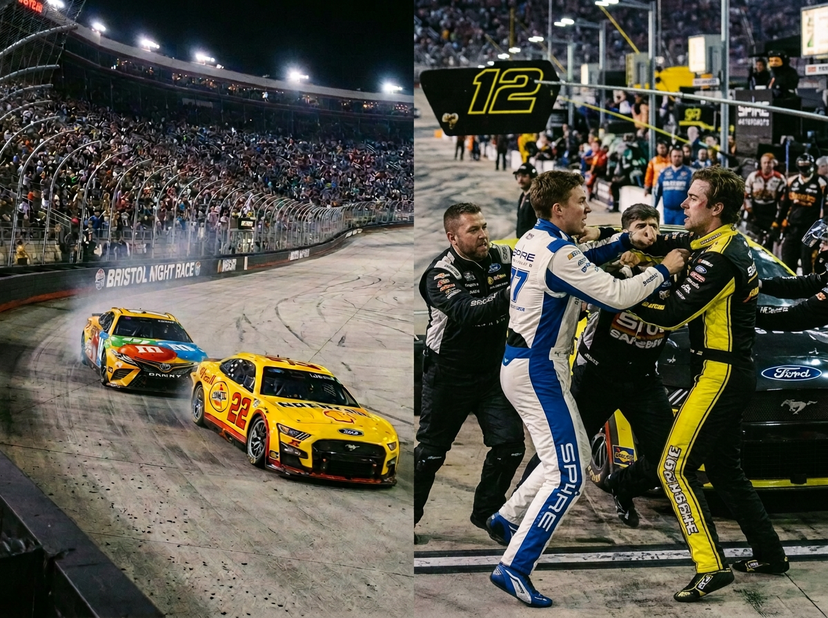 NASCAR cars race past pit road during the Bristol Night Race
