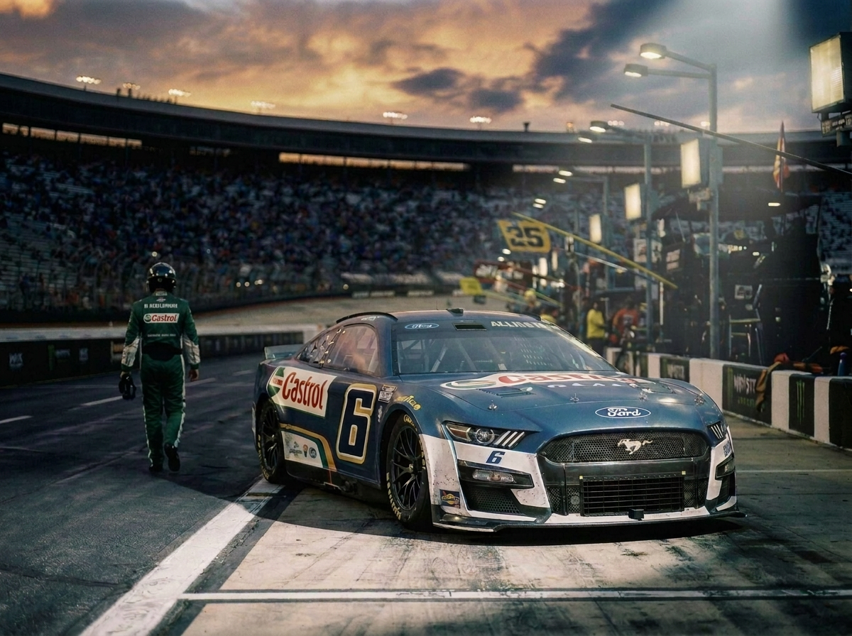 Helmeted driver walking beside a Castrol-sponsored No. 6 Ford race car