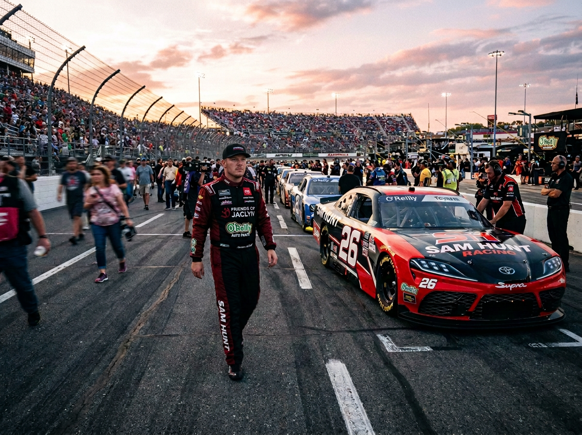 NASCAR Driver Prepares For Race NASCAR driver walking beside Sam Hunt Racing No. 26 Toyota race car