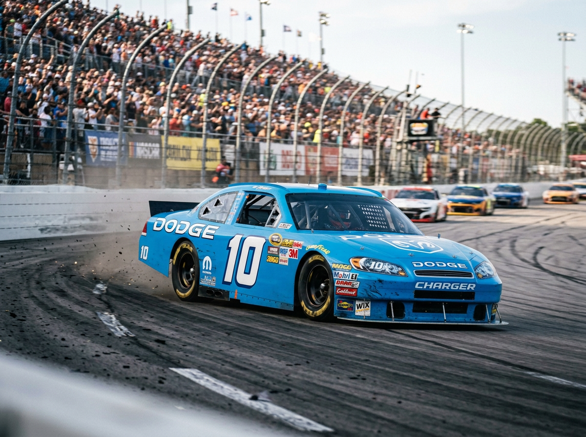 Blue No. 43 Dodge Charger racing past crowded grandstands